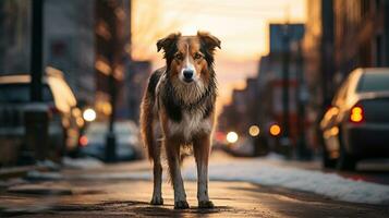 foto de un perro en pie en el calle en centro. generativo ai