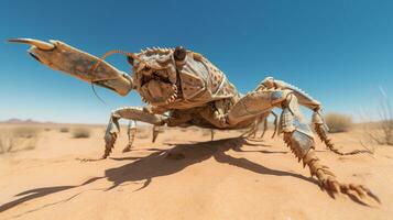 Photo of a Desert Scorpion in a Desert with blue sky. Generative AI