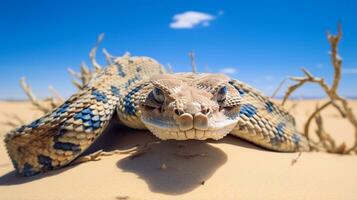 Photo of a Desert Horned Viper in a Desert with blue sky. Generative AI