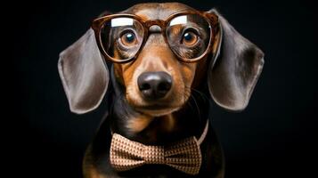 Photo of a Dachshund dog using eyeglasses isolated on white background. Generative AI