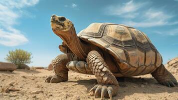 Photo of a Desert Tortoise in a Desert with blue sky. Generative AI