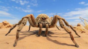 Photo of a Desert Tarantula in a Desert with blue sky. Generative AI