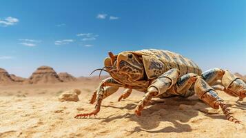 Photo of a Desert Scorpion in a Desert with blue sky. Generative AI