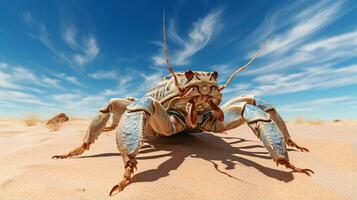 foto de un Desierto escorpión en un Desierto con azul cielo. generativo ai