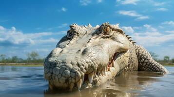 Photo of a Crocodile under Blue Sky. Generative AI