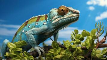 Photo of a Chameleon under Blue Sky. Generative AI