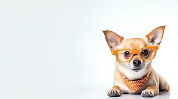 Photo of a Chihuahua dog using eyeglasses isolated on white background. Generative AI