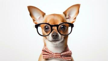 Photo of a Chihuahua dog using eyeglasses isolated on white background. Generative AI
