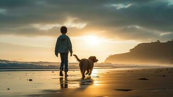 Photo of a boy walking with his pet dog on the beach in the morning. Generative AI