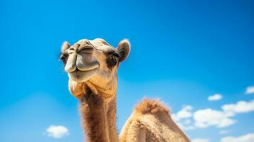 Photo of a Camel in a Desert with blue sky. Generative AI