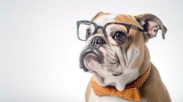 foto de un buldog perro utilizando los anteojos aislado en blanco antecedentes. generativo ai