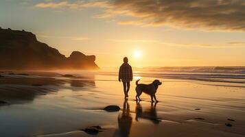 foto de un chico caminando con su mascota perro en el playa en el Mañana. generativo ai