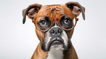 Photo of a Bullmastiff dog using eyeglasses isolated on white background. Generative AI