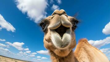 Photo of a Camel in a Desert with blue sky. Generative AI