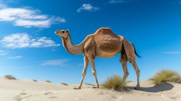 foto de un camello en un Desierto con azul cielo. generativo ai