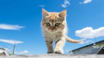 foto de un gato debajo azul cielo. generativo ai