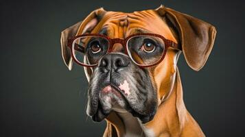 Photo of a Boxer dog using eyeglasses isolated on white background. Generative AI