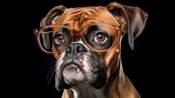 Photo of a Boxer dog using eyeglasses isolated on white background. Generative AI