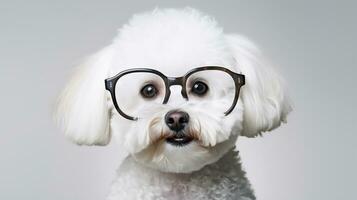 Photo of a Bichon Frise dog using eyeglasses isolated on white background. Generative AI