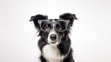 Photo of a Border Collie dog using eyeglasses isolated on white background. Generative AI