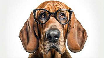 Photo of a Bloodhound dog using eyeglasses isolated on white background. Generative AI