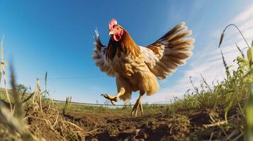 Photo of a Bantam Chicken in the Farmland. Generative AI
