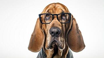 Photo of a Bloodhound dog using eyeglasses isolated on white background. Generative AI