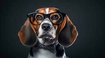 Photo of a Beagle dog using eyeglasses isolated on white background. Generative AI