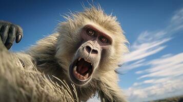 foto de un babuino debajo azul cielo. generativo ai