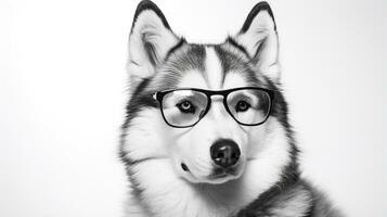 Photo of a Alaskan Malamute dog using eyeglasses isolated on white background. Generative AI