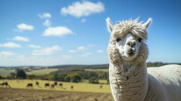 Photo of a Alpaca in the Farmland. Generative AI