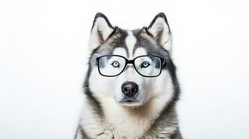 Photo of a Alaskan Malamute dog using eyeglasses isolated on white background. Generative AI