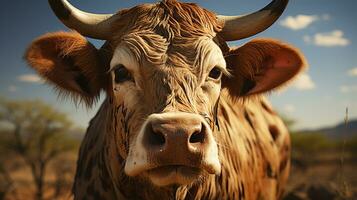 Close-up photo of a Zebu looking any direction. Generative AI