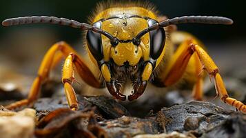 Close-up photo of a Yellow jacket wasp looking any direction. Generative AI