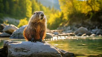 Close-up photo of a Woodchuck looking in their habitat. Generative AI