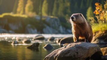 Close-up photo of a Woodchuck looking in their habitat. Generative AI