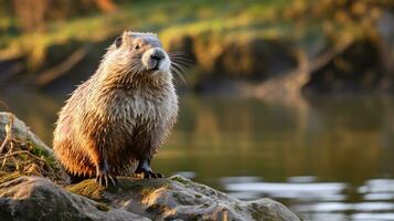 de cerca foto de un marmota de América mirando en su hábitat. generativo ai