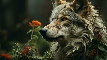 Close-up photo of a Wolf looking any direction on jungle. Generative AI