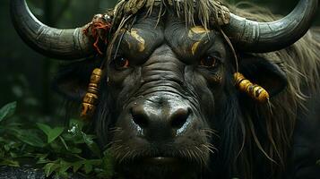 Close-up photo of a Wildebeest looking any direction on jungle. Generative AI