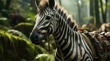 Close-up photo of a Zebra looking any direction on jungle. Generative AI