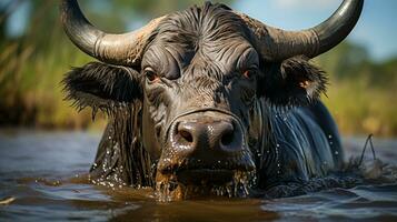 Close-up photo of a Water Buffalo looking any direction. Generative AI