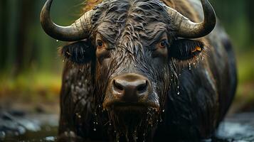Close-up photo of a Water Buffalo looking any direction. Generative AI