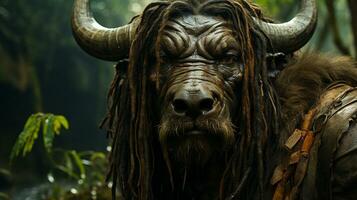 Close-up photo of a Wildebeest looking any direction on jungle. Generative AI