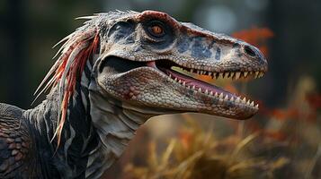 Close-up photo of a Velociraptor looking in their habitat. Generative AI