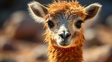 Close-up photo of a Vicuna looking any direction. Generative AI