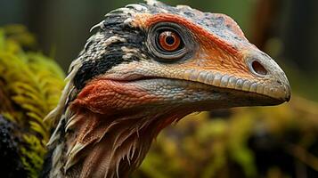 de cerca foto de un velociraptor mirando en su hábitat. generativo ai