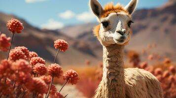 Close-up photo of a Vicuna looking any direction. Generative AI