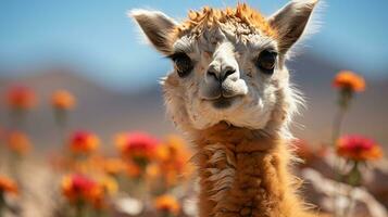 Close-up photo of a Vicuna looking any direction. Generative AI