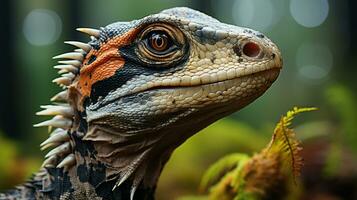 Close-up photo of a Velociraptor looking in their habitat. Generative AI