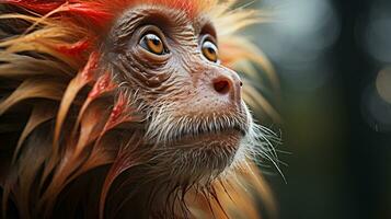 de cerca foto de un uakari mono mirando ninguna dirección. generativo ai